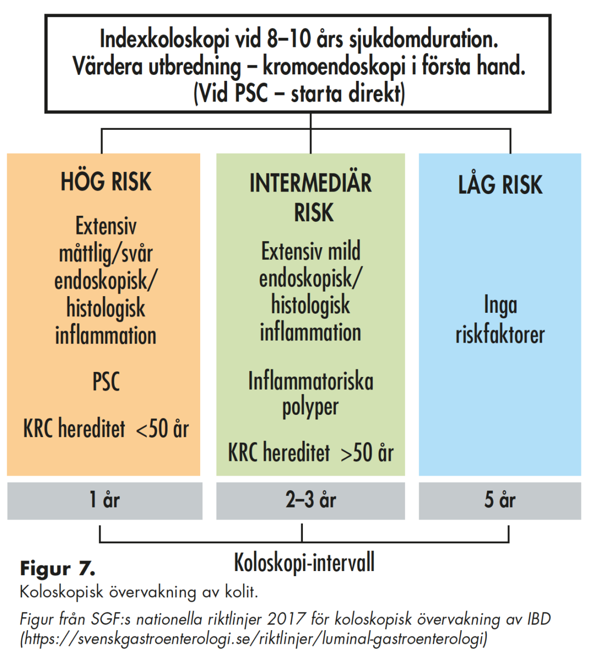 Indexkoloskopi vid 8–10 års sjukdomduration. Värdera utbredning – kromoendoskopi i första hand. (Vid PSC – starta direkt)