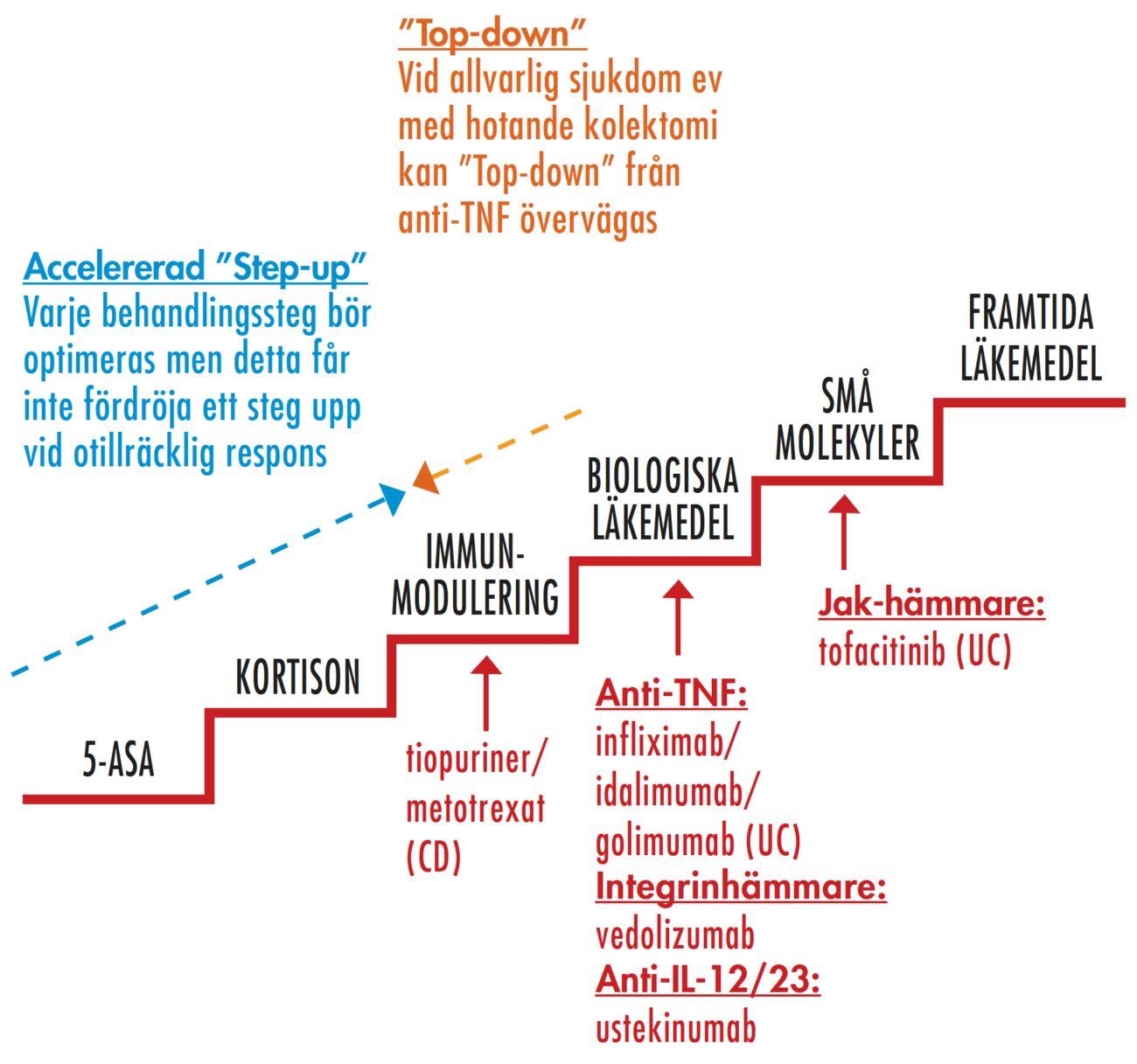 Figur 4. Medicinsk behandling vid IBD – behandlingstrappan.